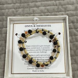 Onyx & Hematite Gemstone Bracelet with Gold Accents by Shivam NIB